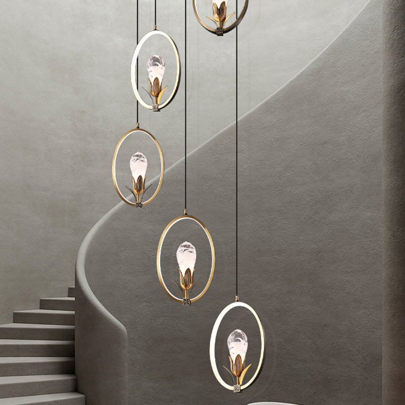Traditional Chinese Circle Irregular Crystal Pod Copper Silicone Crystal Glass LED Pendant Light For Living Room