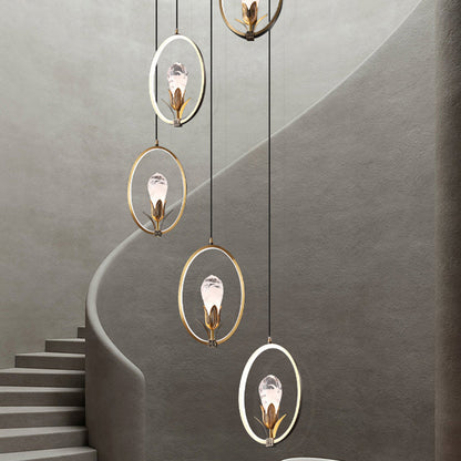Traditional Chinese Circle Irregular Crystal Pod Copper Silicone Crystal Glass LED Pendant Light For Living Room