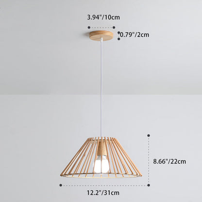 Traditional Japanese Round Trapezoidal Hollowed Out Wood 1-Light Pendant Light For Living Room