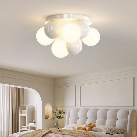 Modern Minimalist Cream Orb Iron 5-Light Semi-Flush Mount Ceiling Light For Bedroom