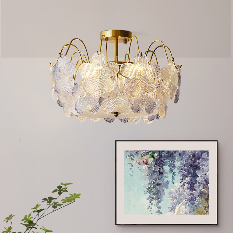 Contemporary Creative Flower Round Iron Glass 5/6 Light Semi-Flush Mount Ceiling Light For Living Room