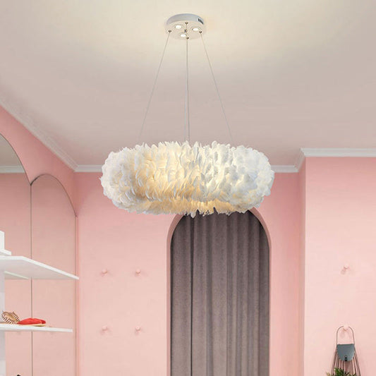 Contemporary Creative Kids Circle Feather Shade Iron 6-Light Chandelier For Bedroom