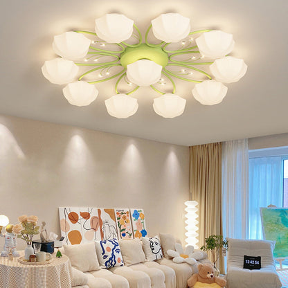 Contemporary Creative Cream Branch Flower Iron Glass 4/7/9/11 Light Semi-Flush Mount Ceiling Light For Living Room