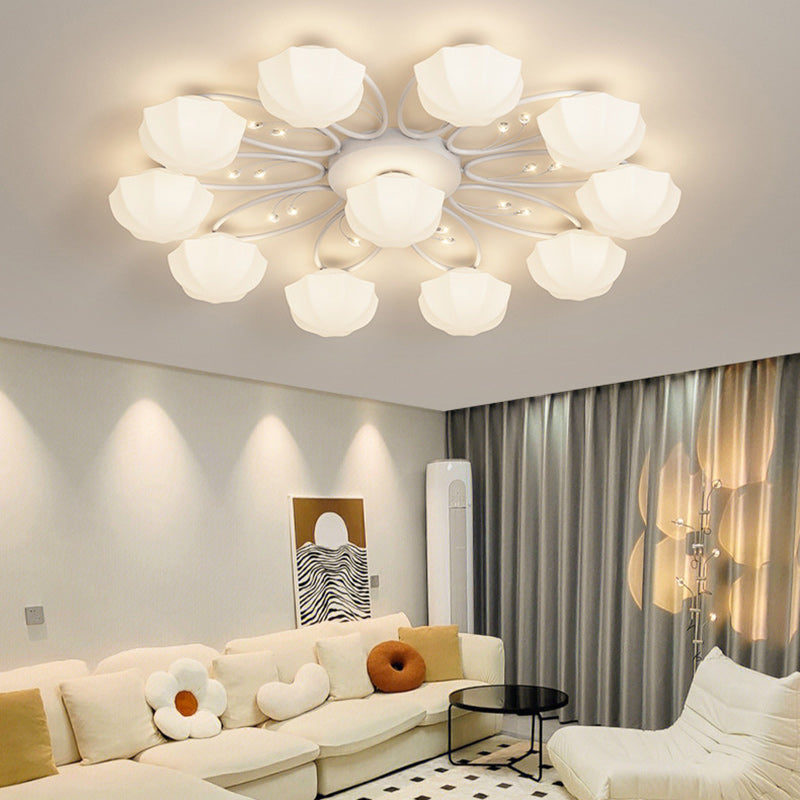 Contemporary Creative Cream Branch Flower Iron Glass 4/7/9/11 Light Semi-Flush Mount Ceiling Light For Living Room
