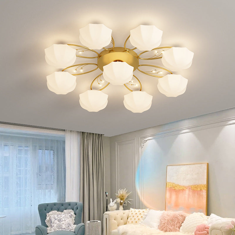 Contemporary Creative Cream Branch Flower Iron Glass 4/7/9/11 Light Semi-Flush Mount Ceiling Light For Living Room