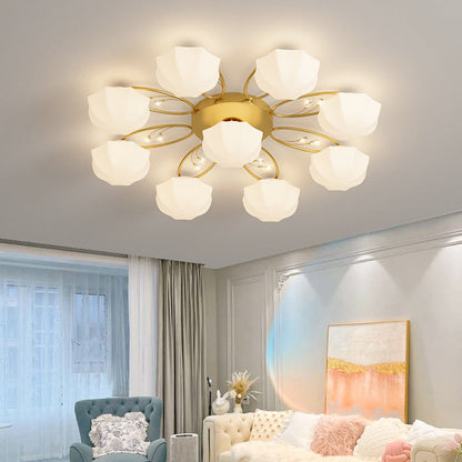 Contemporary Creative Cream Branch Flower Iron Glass 4/7/9/11 Light Semi-Flush Mount Ceiling Light For Living Room