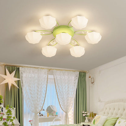 Contemporary Creative Cream Branch Flower Iron Glass 4/7/9/11 Light Semi-Flush Mount Ceiling Light For Living Room