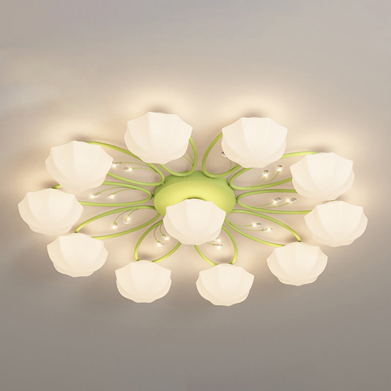 Contemporary Creative Cream Branch Flower Iron Glass 4/7/9/11 Light Semi-Flush Mount Ceiling Light For Living Room