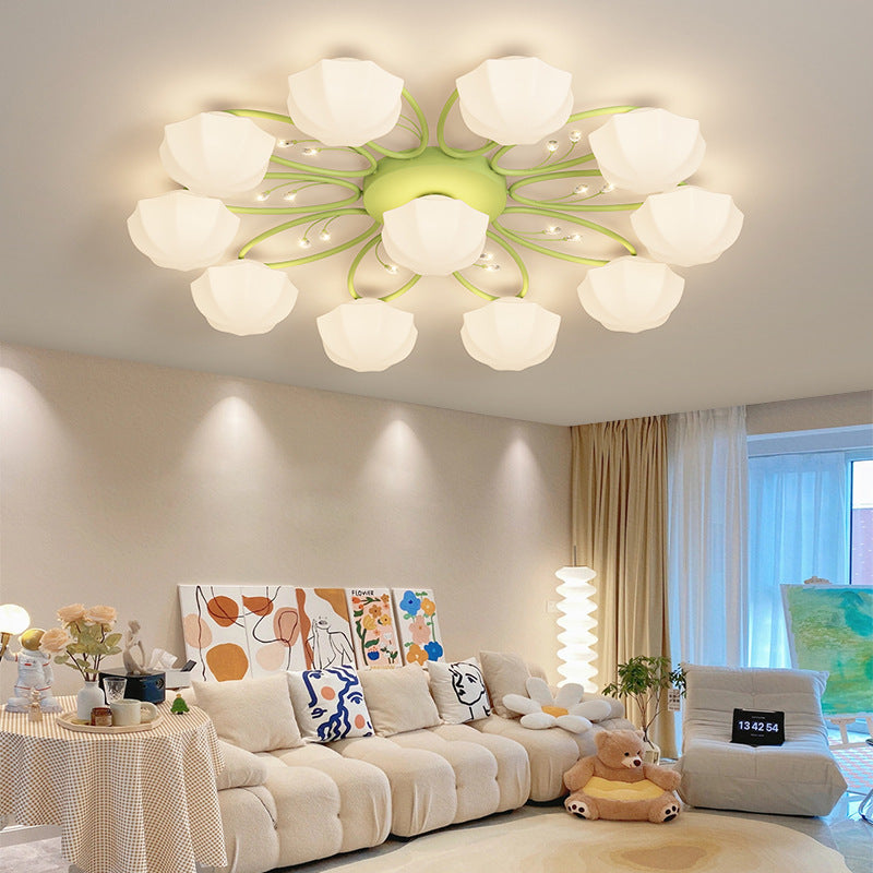 Contemporary Creative Cream Branch Flower Iron Glass 4/7/9/11 Light Semi-Flush Mount Ceiling Light For Living Room