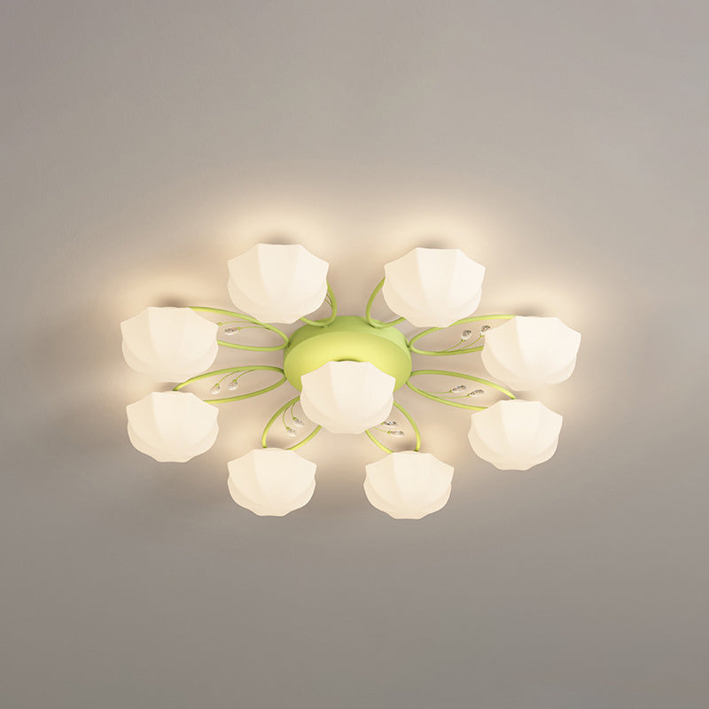 Contemporary Creative Cream Branch Flower Iron Glass 4/7/9/11 Light Semi-Flush Mount Ceiling Light For Living Room