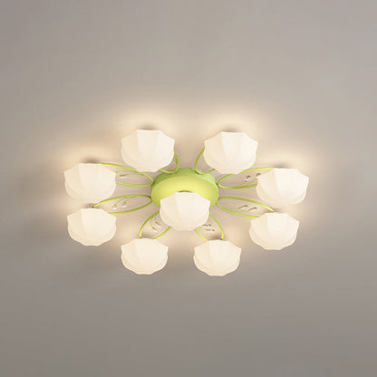 Contemporary Creative Cream Branch Flower Iron Glass 4/7/9/11 Light Semi-Flush Mount Ceiling Light For Living Room