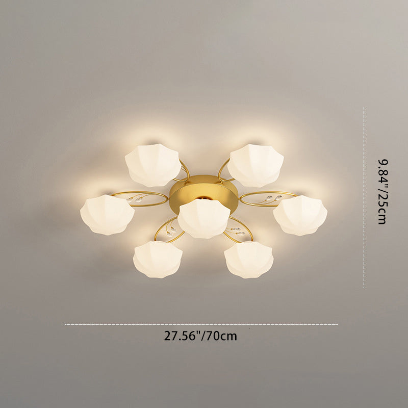 Contemporary Creative Cream Branch Flower Iron Glass 4/7/9/11 Light Semi-Flush Mount Ceiling Light For Living Room