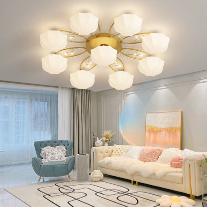 Contemporary Creative Cream Branch Flower Iron Glass 4/7/9/11 Light Semi-Flush Mount Ceiling Light For Living Room