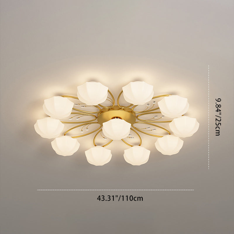 Contemporary Creative Cream Branch Flower Iron Glass 4/7/9/11 Light Semi-Flush Mount Ceiling Light For Living Room