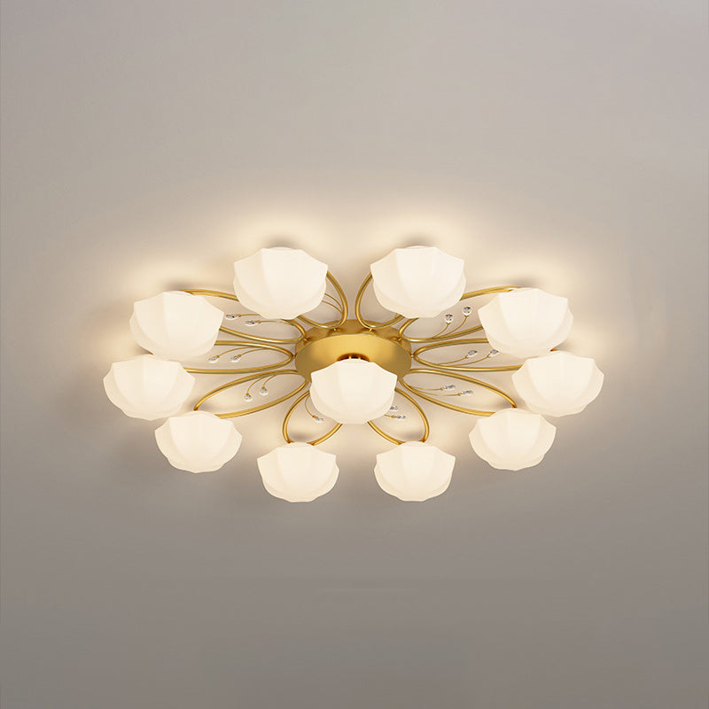 Contemporary Creative Cream Branch Flower Iron Glass 4/7/9/11 Light Semi-Flush Mount Ceiling Light For Living Room