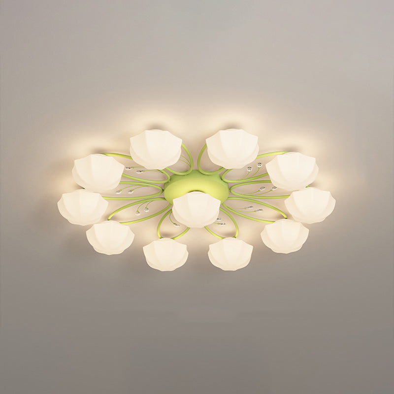 Contemporary Creative Cream Branch Flower Iron Glass 4/7/9/11 Light Semi-Flush Mount Ceiling Light For Living Room