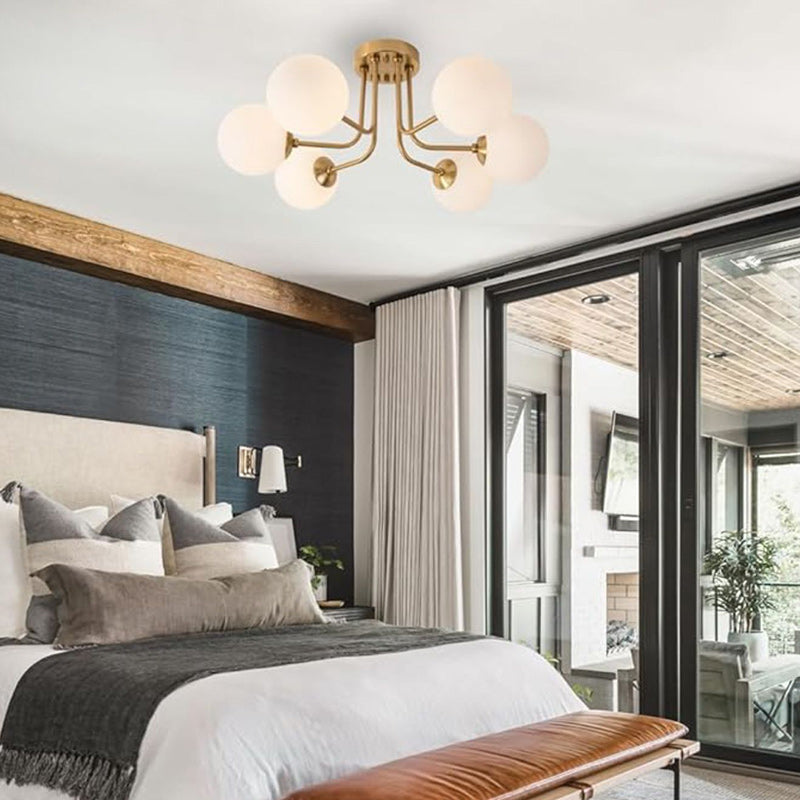 Modern Minimalist Branch Pole Round Ball Iron Glass 3/6 Light Semi-Flush Mount Ceiling Light For Living Room