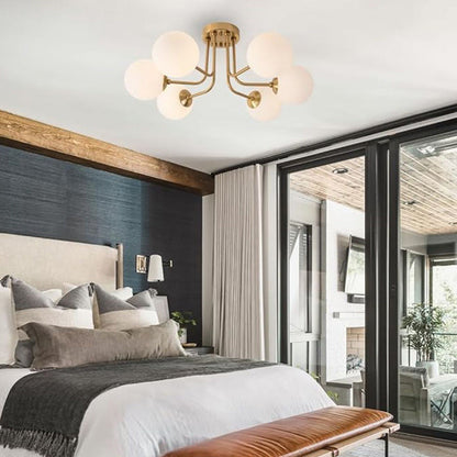 Modern Minimalist Branch Pole Round Ball Iron Glass 3/6 Light Semi-Flush Mount Ceiling Light For Living Room