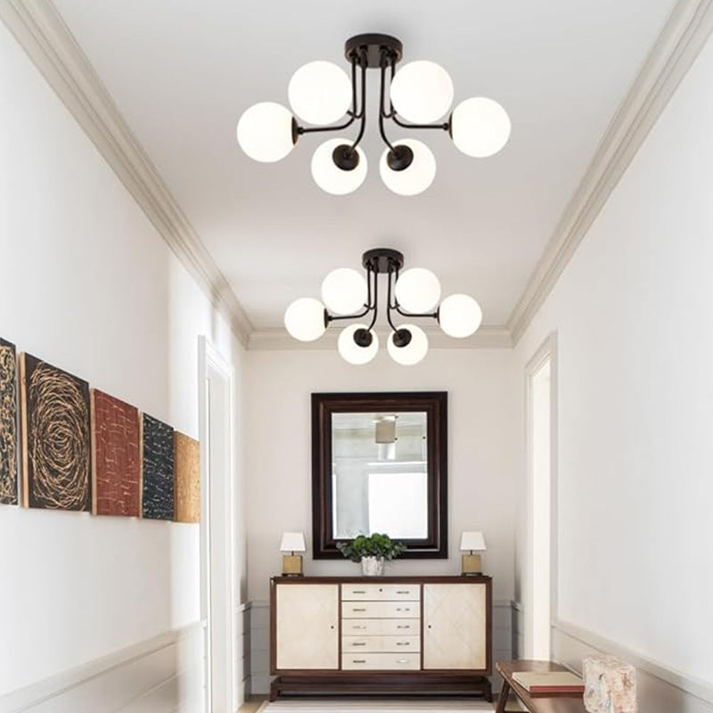 Modern Minimalist Branch Pole Round Ball Iron Glass 3/6 Light Semi-Flush Mount Ceiling Light For Living Room