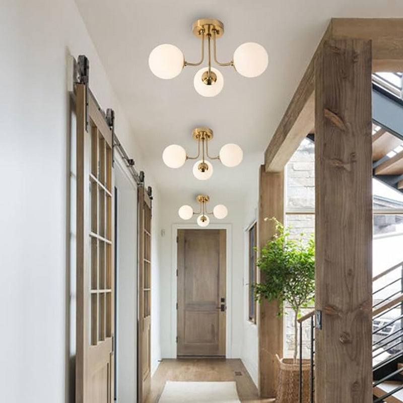 Modern Minimalist Branch Pole Round Ball Iron Glass 3/6 Light Semi-Flush Mount Ceiling Light For Living Room