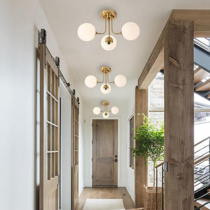 Modern Minimalist Branch Pole Round Ball Iron Glass 3/6 Light Semi-Flush Mount Ceiling Light For Living Room