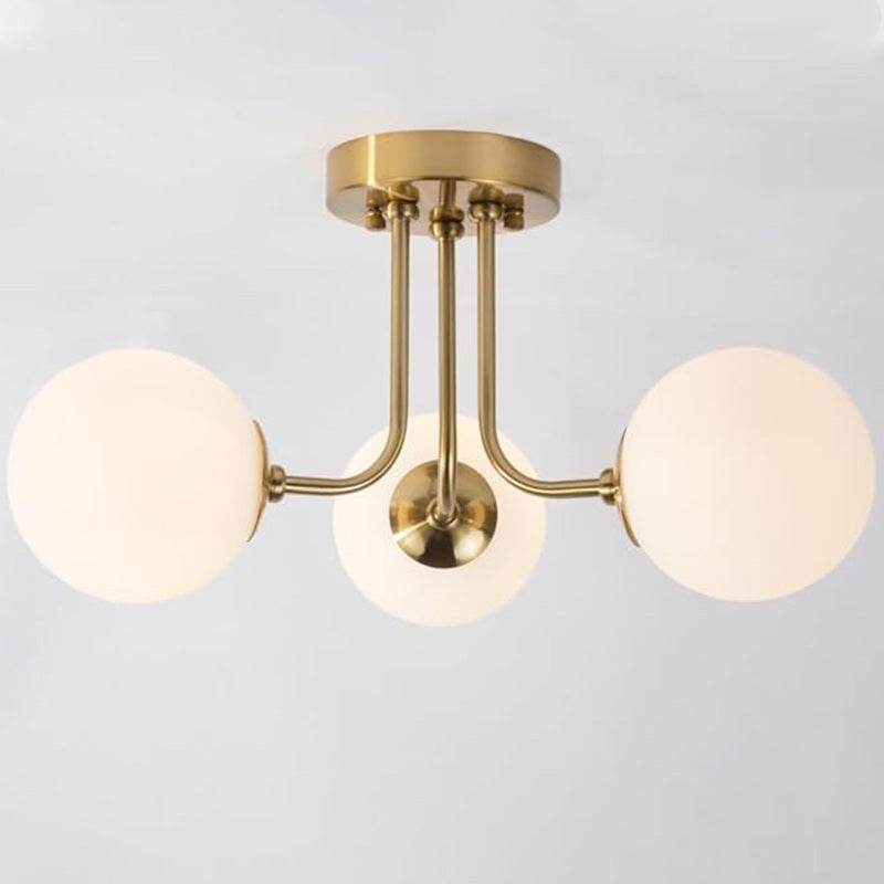 Modern Minimalist Branch Pole Round Ball Iron Glass 3/6 Light Semi-Flush Mount Ceiling Light For Living Room