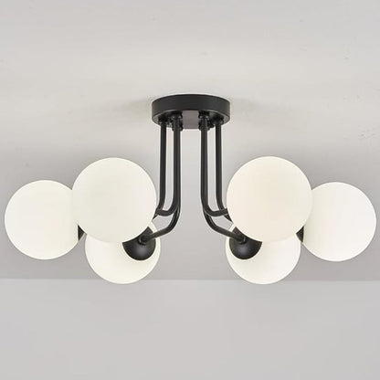 Modern Minimalist Branch Pole Round Ball Iron Glass 3/6 Light Semi-Flush Mount Ceiling Light For Living Room