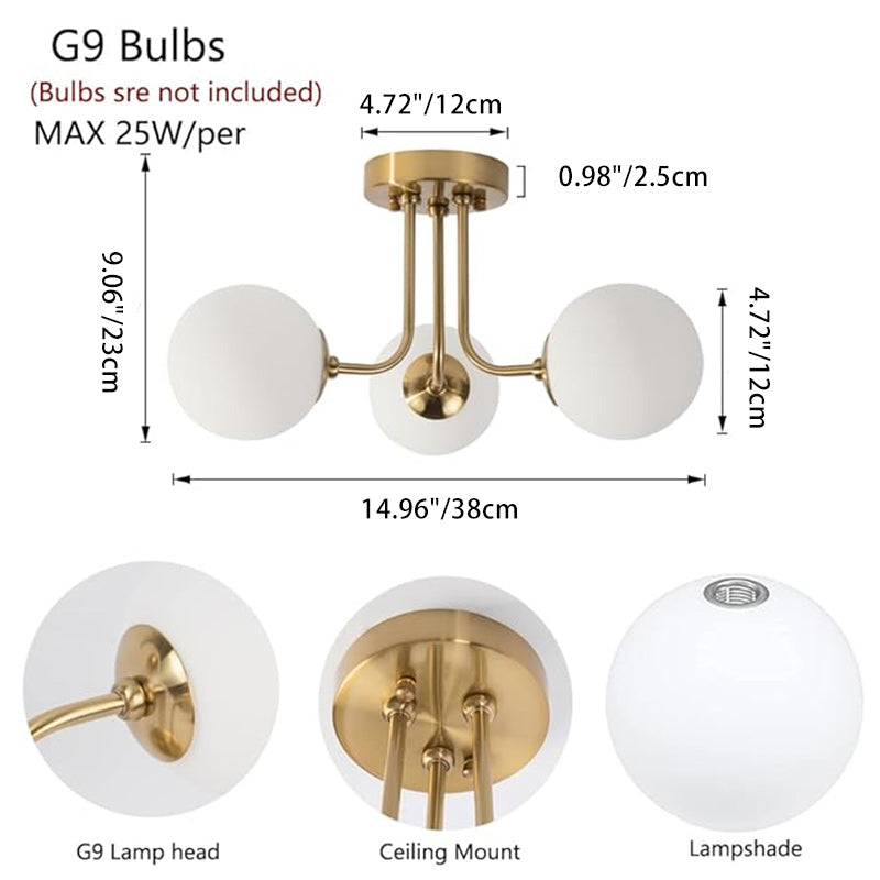 Modern Minimalist Branch Pole Round Ball Iron Glass 3/6 Light Semi-Flush Mount Ceiling Light For Living Room