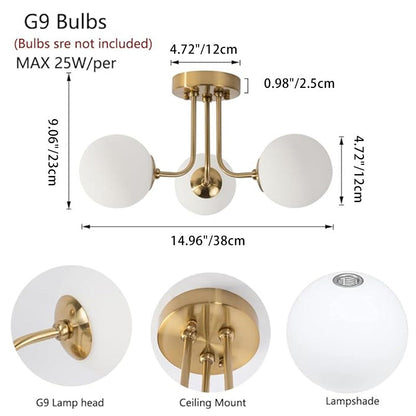 Modern Minimalist Branch Pole Round Ball Iron Glass 3/6 Light Semi-Flush Mount Ceiling Light For Living Room