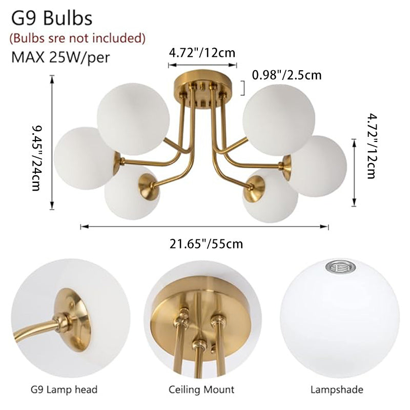 Modern Minimalist Branch Pole Round Ball Iron Glass 3/6 Light Semi-Flush Mount Ceiling Light For Living Room