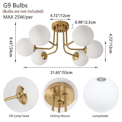 Modern Minimalist Branch Pole Round Ball Iron Glass 3/6 Light Semi-Flush Mount Ceiling Light For Living Room