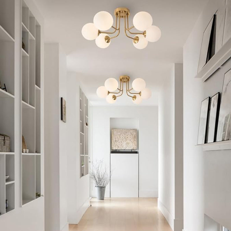Modern Minimalist Branch Pole Round Ball Iron Glass 3/6 Light Semi-Flush Mount Ceiling Light For Living Room