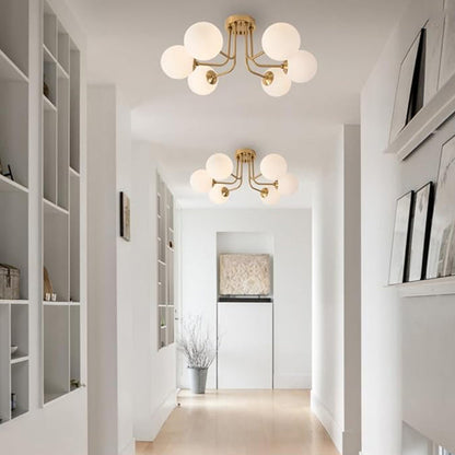 Modern Minimalist Branch Pole Round Ball Iron Glass 3/6 Light Semi-Flush Mount Ceiling Light For Living Room
