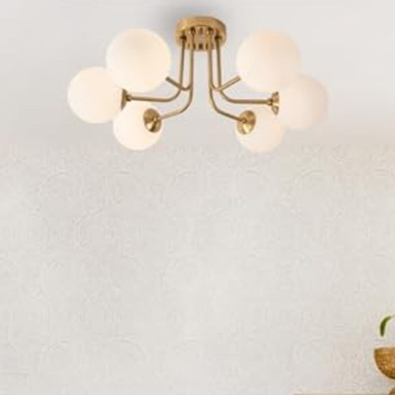 Modern Minimalist Branch Pole Round Ball Iron Glass 3/6 Light Semi-Flush Mount Ceiling Light For Living Room