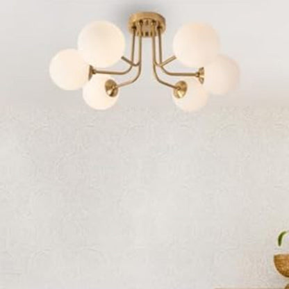 Modern Minimalist Branch Pole Round Ball Iron Glass 3/6 Light Semi-Flush Mount Ceiling Light For Living Room