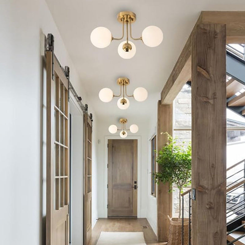 Modern Minimalist Branch Pole Round Ball Iron Glass 3/6 Light Semi-Flush Mount Ceiling Light For Living Room