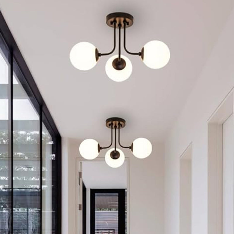 Modern Minimalist Branch Pole Round Ball Iron Glass 3/6 Light Semi-Flush Mount Ceiling Light For Living Room