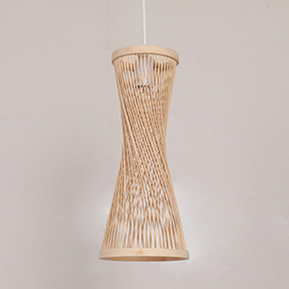 Traditional Chinese Cylindrical Hollowed Out Bamboo Weaving Shade 1-Light Pendant Light For Living Room