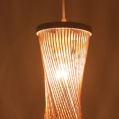 Traditional Chinese Cylindrical Hollowed Out Bamboo Weaving Shade 1-Light Pendant Light For Living Room
