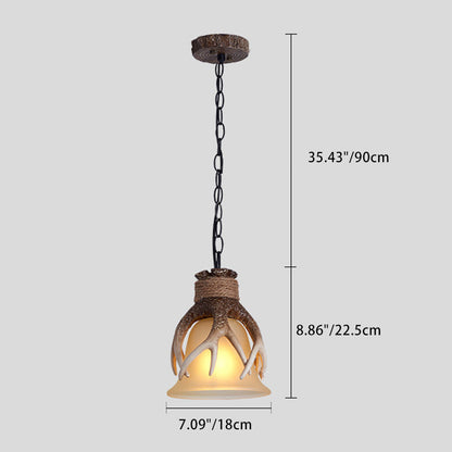 Traditional Vintage Antler Resin Glass Shade 1-Light Pendant Light For Living Room