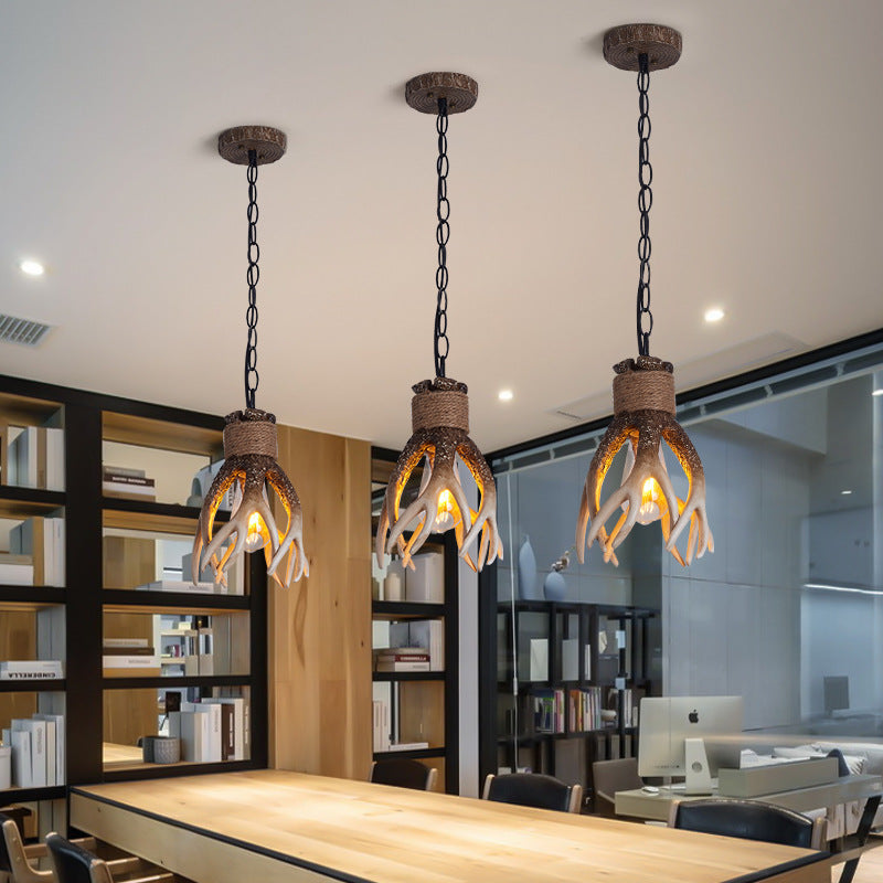 Traditional Vintage Antler Resin Glass Shade 1-Light Pendant Light For Living Room