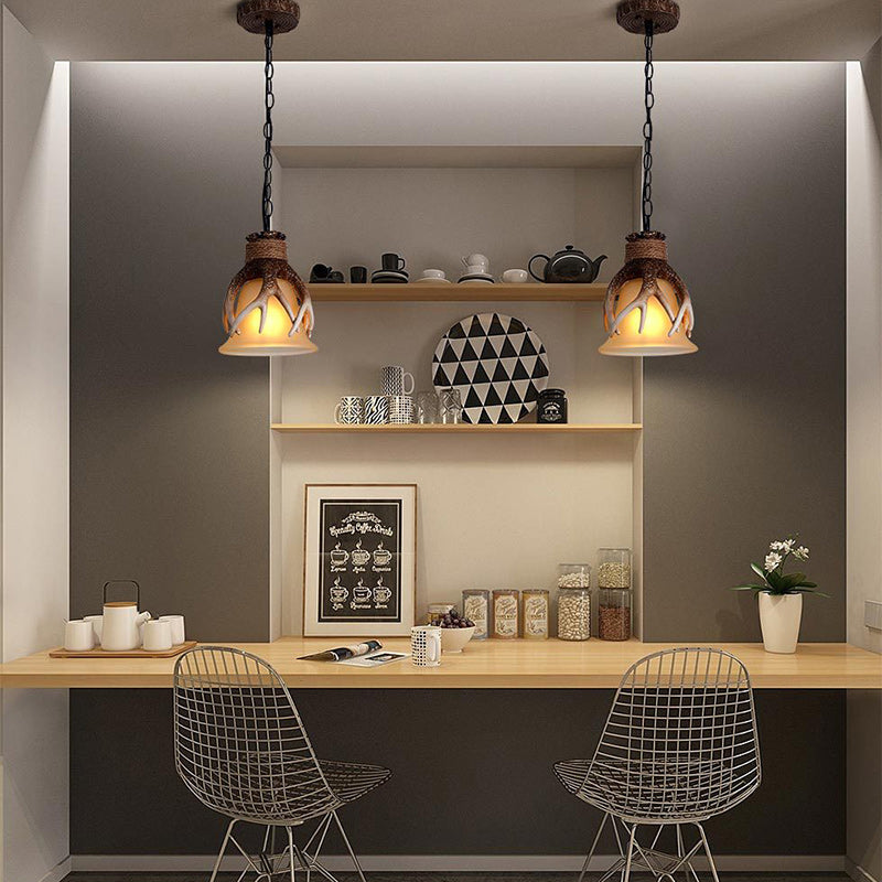 Traditional Vintage Antler Resin Glass Shade 1-Light Pendant Light For Living Room