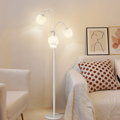Modern Minimalist Long Flower Iron Frame Glass Shade 2/3 Light Standing Floor Lamp For Living Room