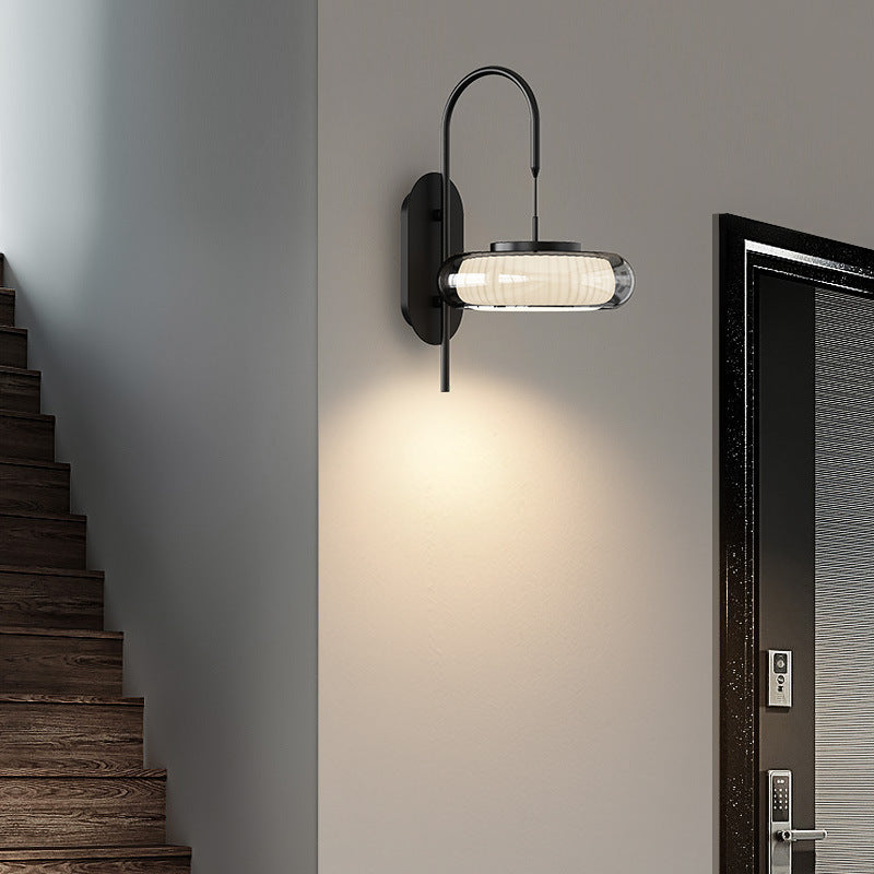 Modern Minimalist Curved Pole Round Iron Glass Shade Plastic LED Wall Sconce Lamp For Living Room