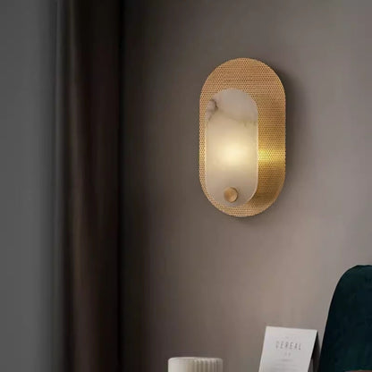 Contemporary Nordic Round Oval Full Copper Marble Shade 1-Light Wall Sconce Lamp For Living Room