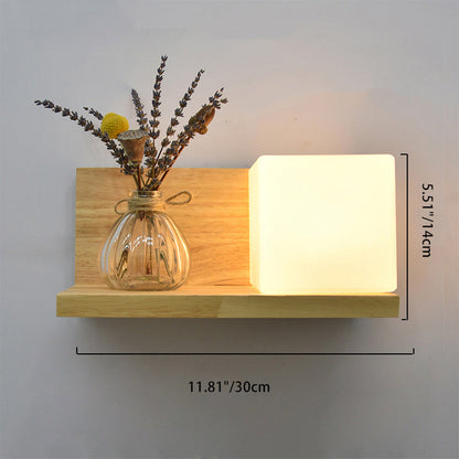 Contemporary Creative Square House Twisted Rectangle Glass Shade Wood 1-Light Wall Sconce Lamp For Bedroom