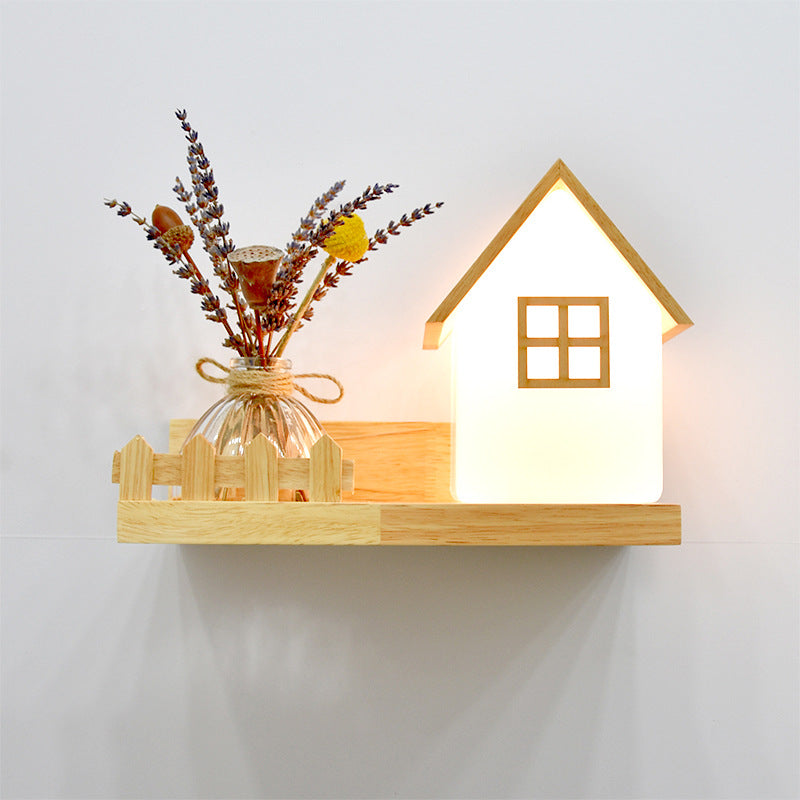 Contemporary Creative Square House Twisted Rectangle Glass Shade Wood 1-Light Wall Sconce Lamp For Bedroom