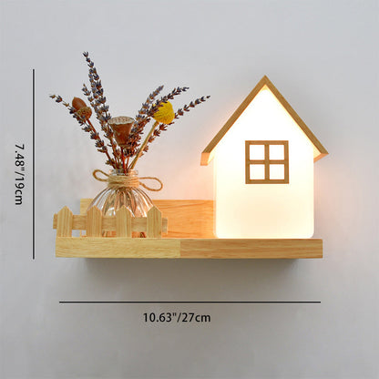 Contemporary Creative Square House Twisted Rectangle Glass Shade Wood 1-Light Wall Sconce Lamp For Bedroom