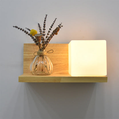 Contemporary Creative Square House Twisted Rectangle Glass Shade Wood 1-Light Wall Sconce Lamp For Bedroom