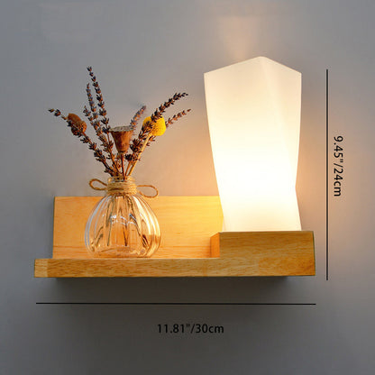 Contemporary Creative Square House Twisted Rectangle Glass Shade Wood 1-Light Wall Sconce Lamp For Bedroom